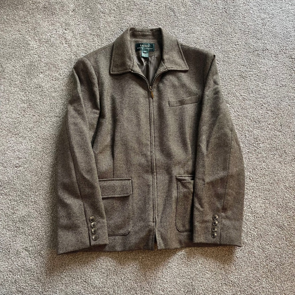 Womens Lauren Ralph Lauren Wool Herringbone Jacket 12 Brown Excellent Zip Front
